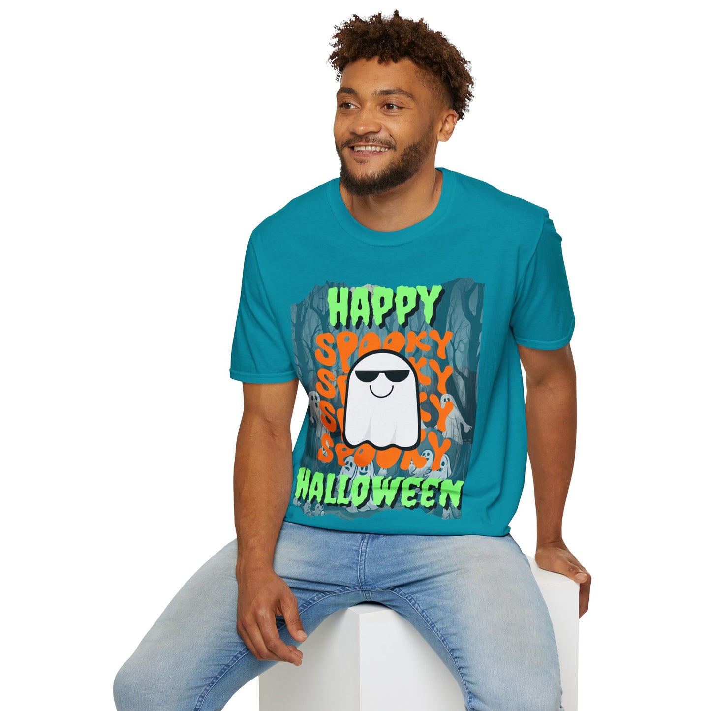 Spooky Happy Halloween Ghost Dark colors Green font Unisex T-Shirt by CreepyCrafts.boo