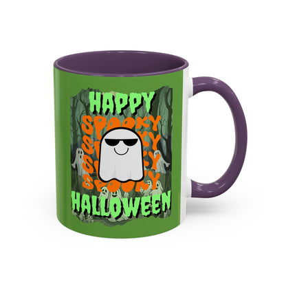 Spooky Happy Halloween Ghost Green font Green Accent Mug by CreepyCrafts.boo