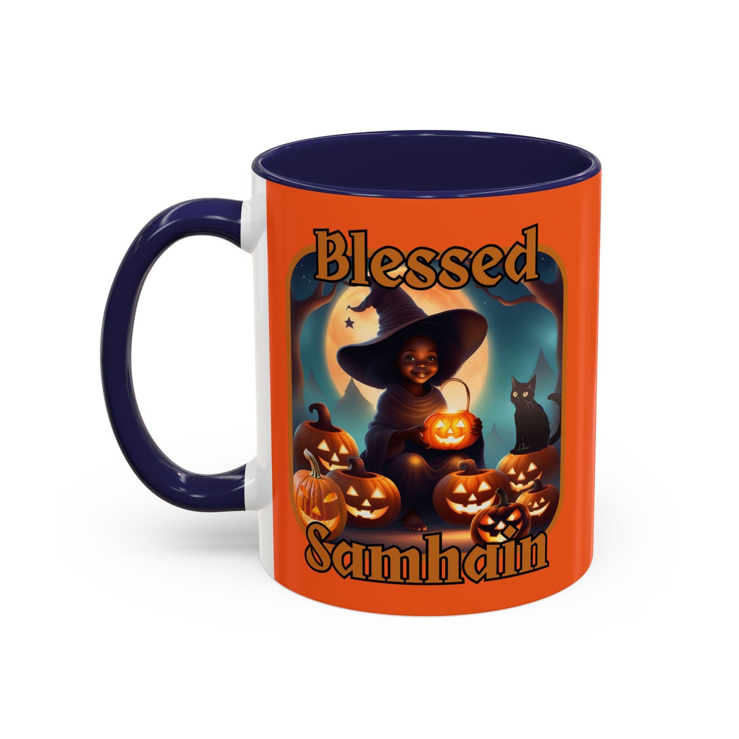 Blessed Samhain Cute Witch Orange font Orange Accent Mug by CreepyCrafts.boo