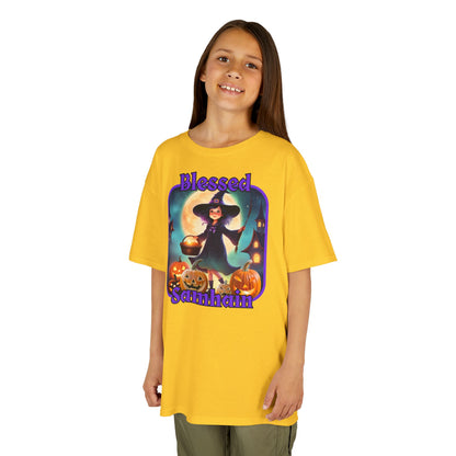 Blessed Samhain Little Witch Purple font Kids Heavy Cotton™ Tee by CreepyCrafts.boo