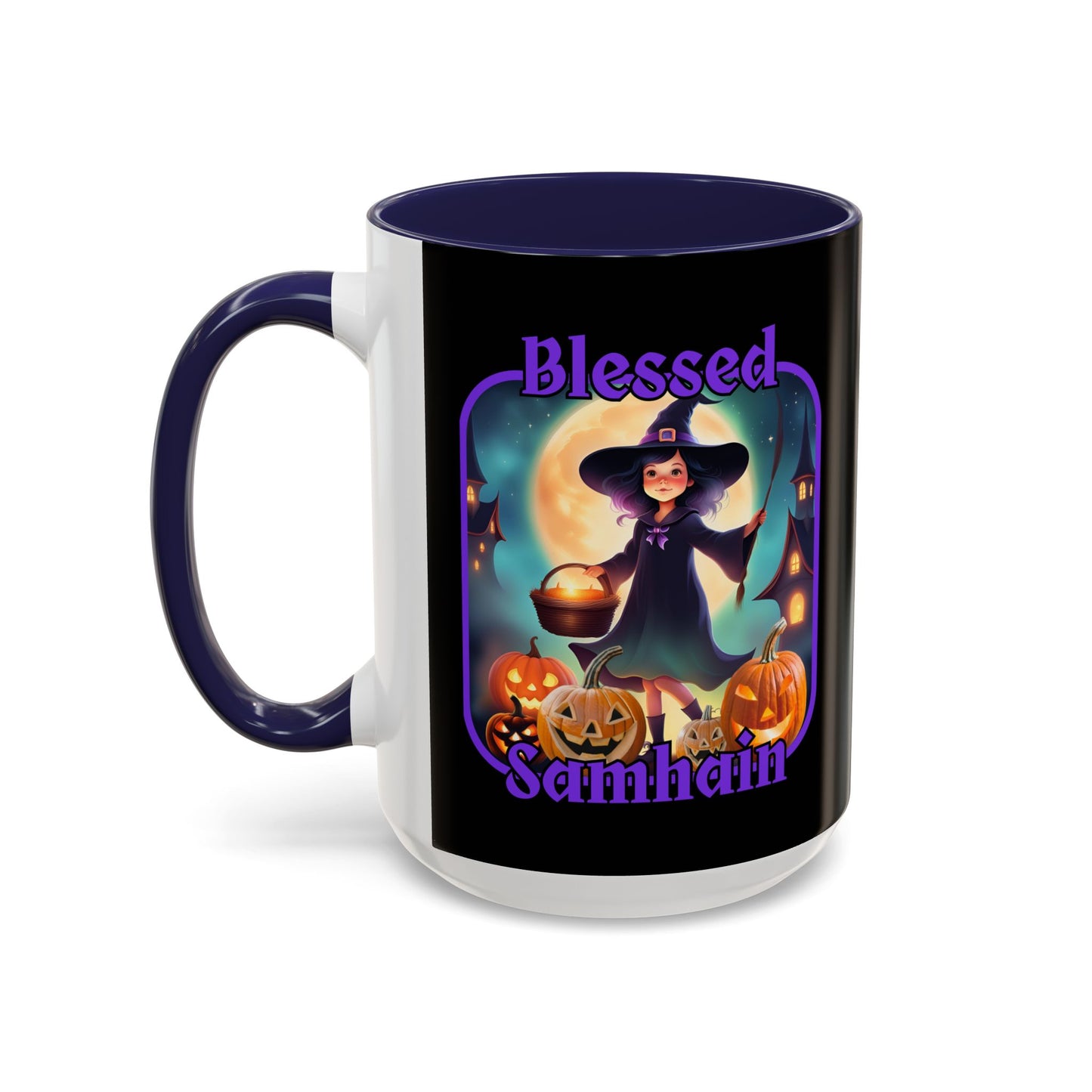Blessed Samhain Little Witch Purple font Black Accent Mug by CreepyCrafts.boo