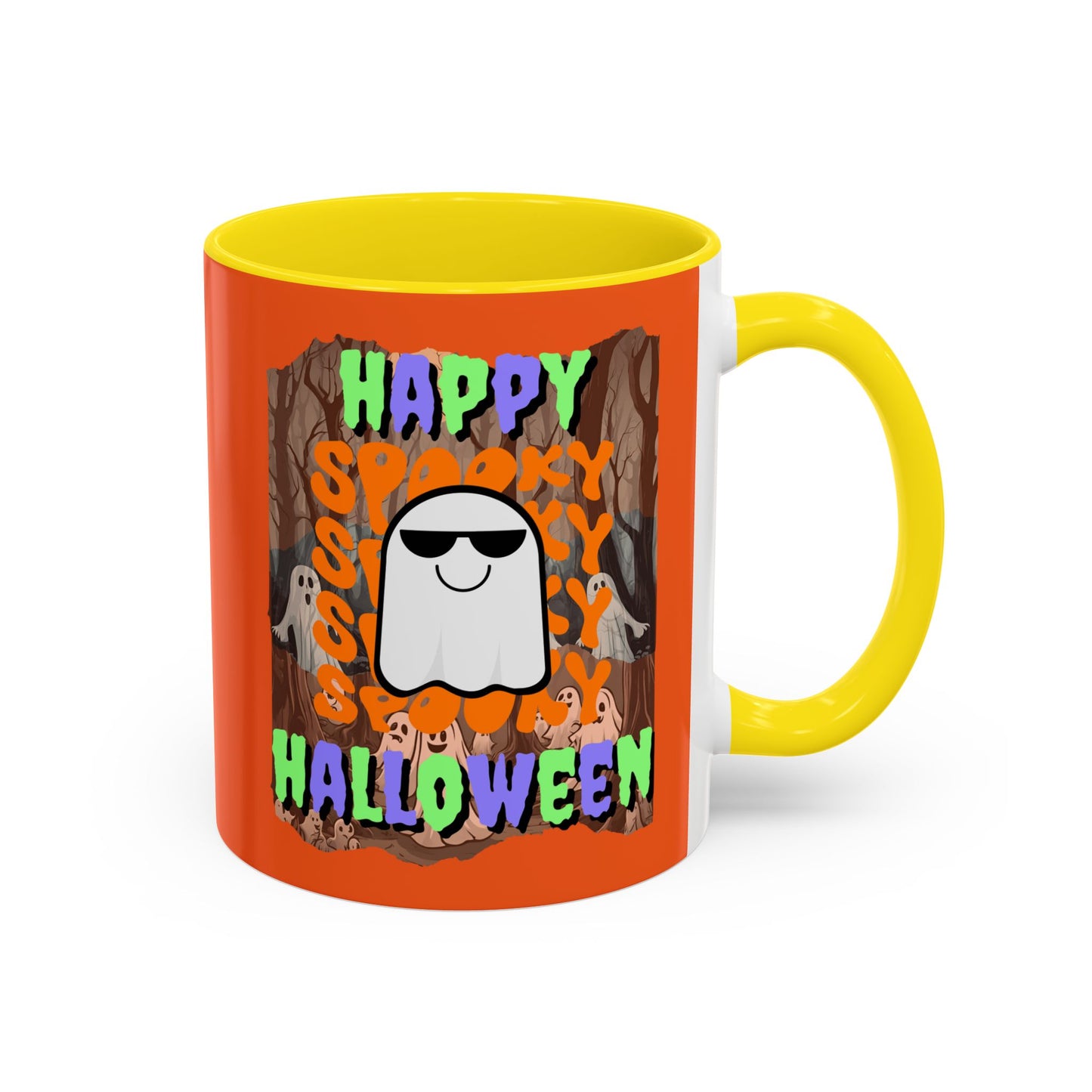 Spooky Happy Halloween Ghost Mixed font Orange Accent Mug by CreepyCrafts.boo