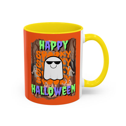 Spooky Happy Halloween Ghost Mixed font Orange Accent Mug by CreepyCrafts.boo