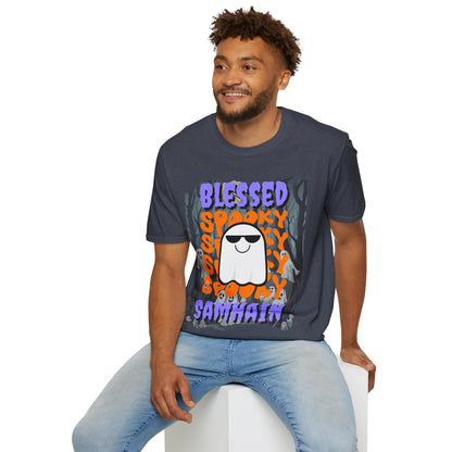 Spooky Blessed Samhain Ghost Purple font Unisex T-Shirt by CreepyCrafts.boo