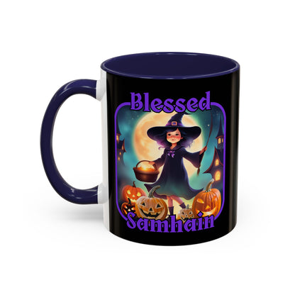 Blessed Samhain Little Witch Purple font Black Accent Mug by CreepyCrafts.boo