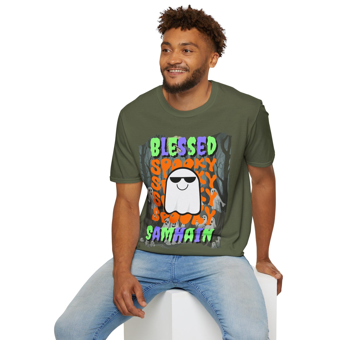 Spooky Blessed Samhain Ghost Mixed font Unisex T-Shirt by CreepyCrafts.boo