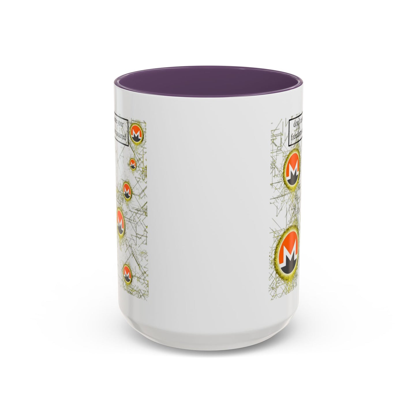 Monero (XMR) don't assume your freedoms are assured White Accent Mug by cypherpunkgear.com
