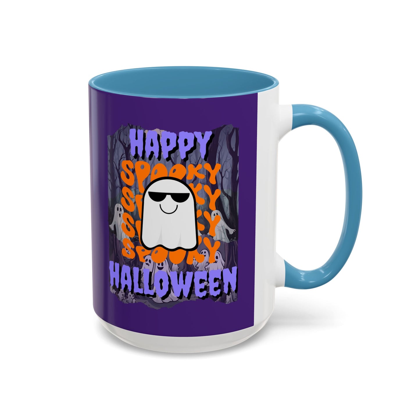 Spooky Happy Halloween Ghost Purple font Purple Accent Mug by CreepyCrafts.boo