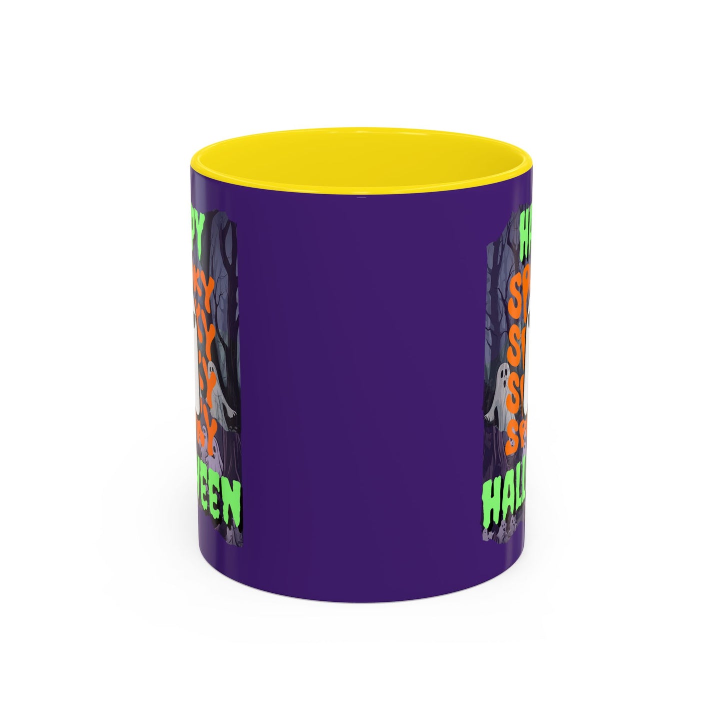 Spooky Happy Halloween Ghost Green font Purple Accent Mug by CreepyCrafts.boo