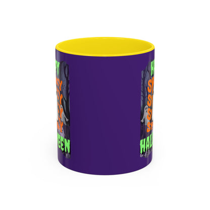 Spooky Happy Halloween Ghost Green font Purple Accent Mug by CreepyCrafts.boo