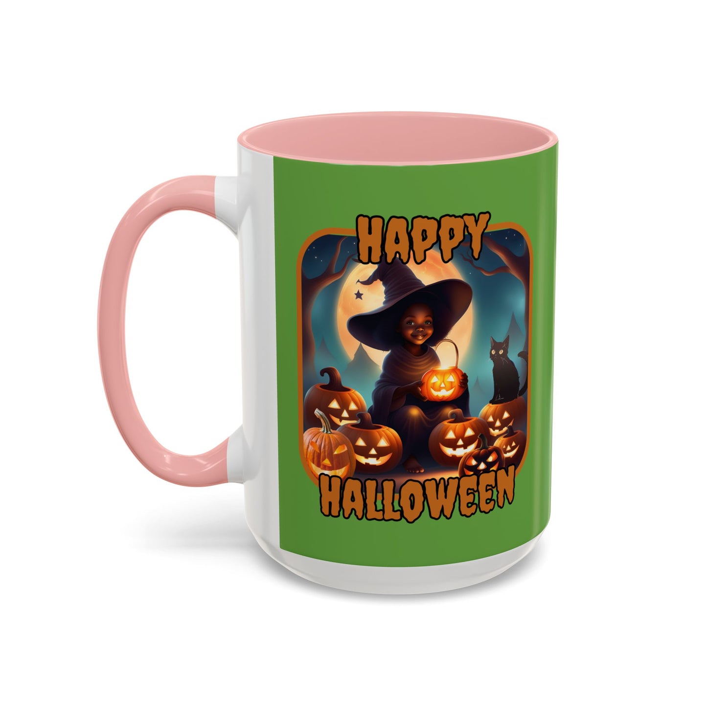 Happy Halloween Cute Witch Orange font Green Accent Mug by CreepyCrafts.boo