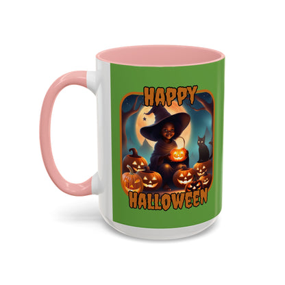 Happy Halloween Cute Witch Orange font Green Accent Mug by CreepyCrafts.boo