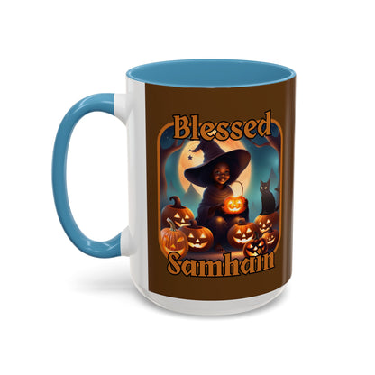 Blessed Samhain Cute Witch Orange font Brown Accent Mug by CreepyCrafts.boo