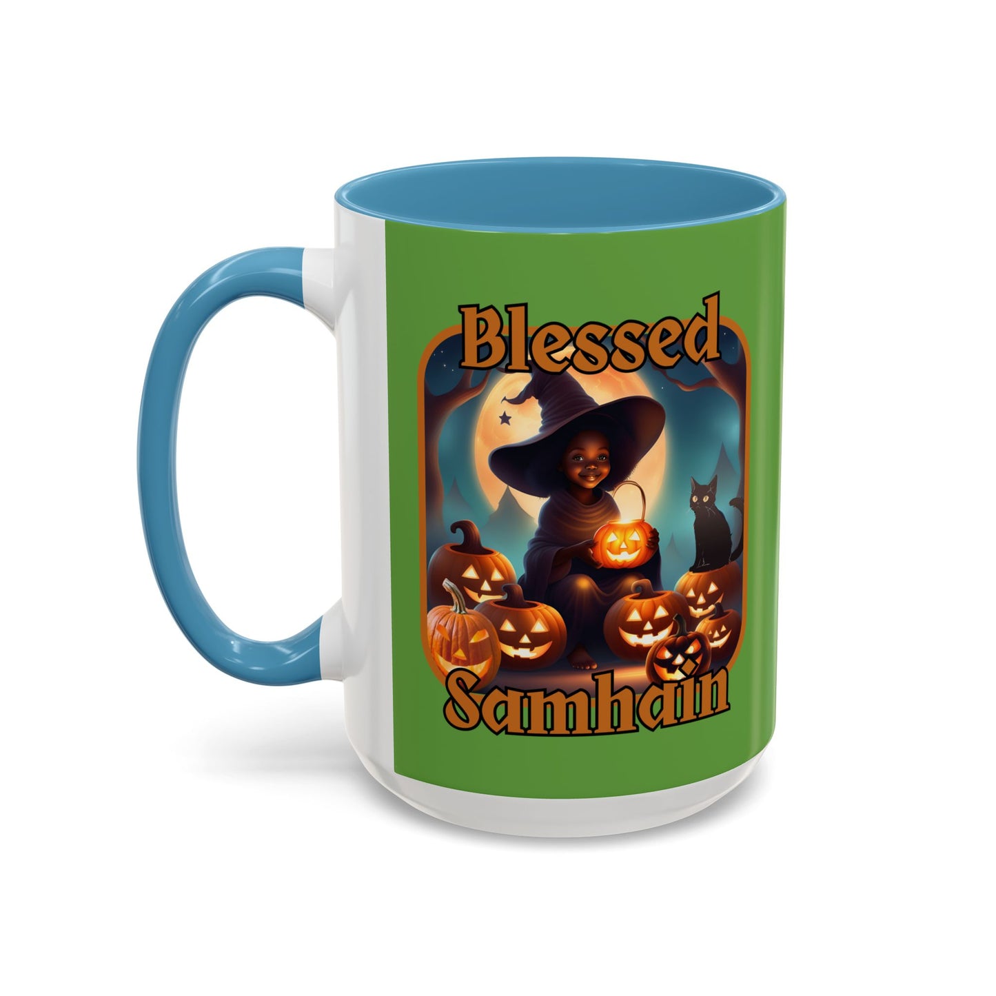 Blessed Samhain Cute Witch Orange font Green Accent Mug by CreepyCrafts.boo