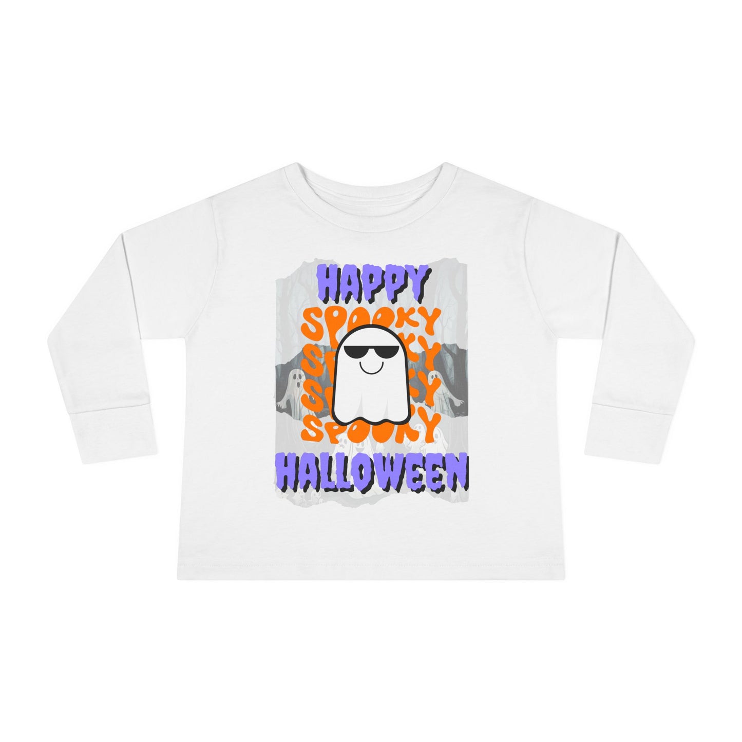 Spooky Happy Halloween Ghost Purple font Toddler Long Sleeve Tee by CreepyCrafts.boo