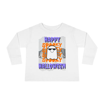 Spooky Happy Halloween Ghost Purple font Toddler Long Sleeve Tee by CreepyCrafts.boo