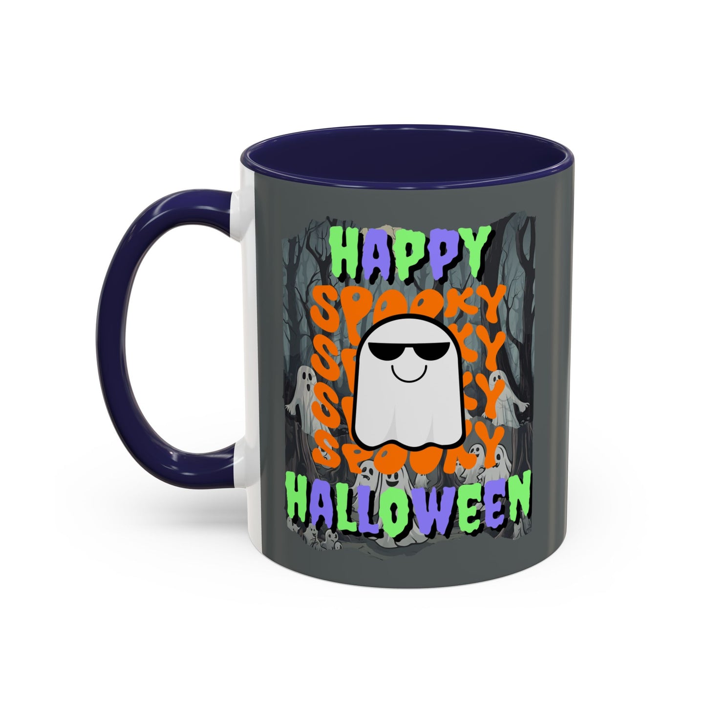 Spooky Happy Halloween Ghost Mixed font Grey Accent Mug by CreepyCrafts.boo