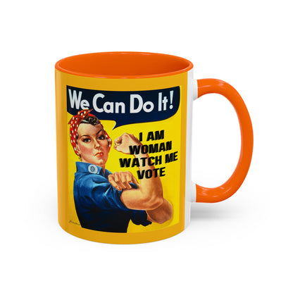 I Am Woman Watch Me Vote Rosie Yellow Accent Mug by cypherpunkgear.com