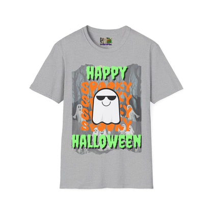Spooky Happy Halloween Ghost Light colors Green font Unisex T-Shirt by CreepyCrafts.boo