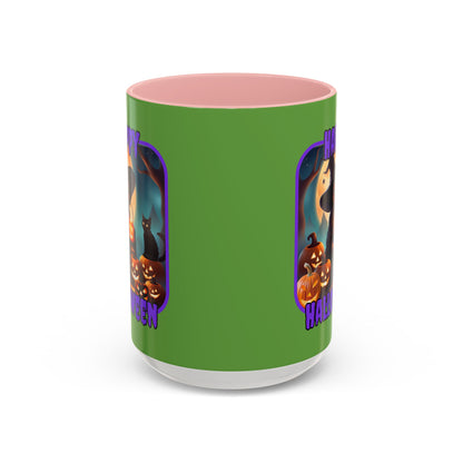 Happy Halloween Cute Witch Purple font Green Accent Mug by CreepyCrafts.boo