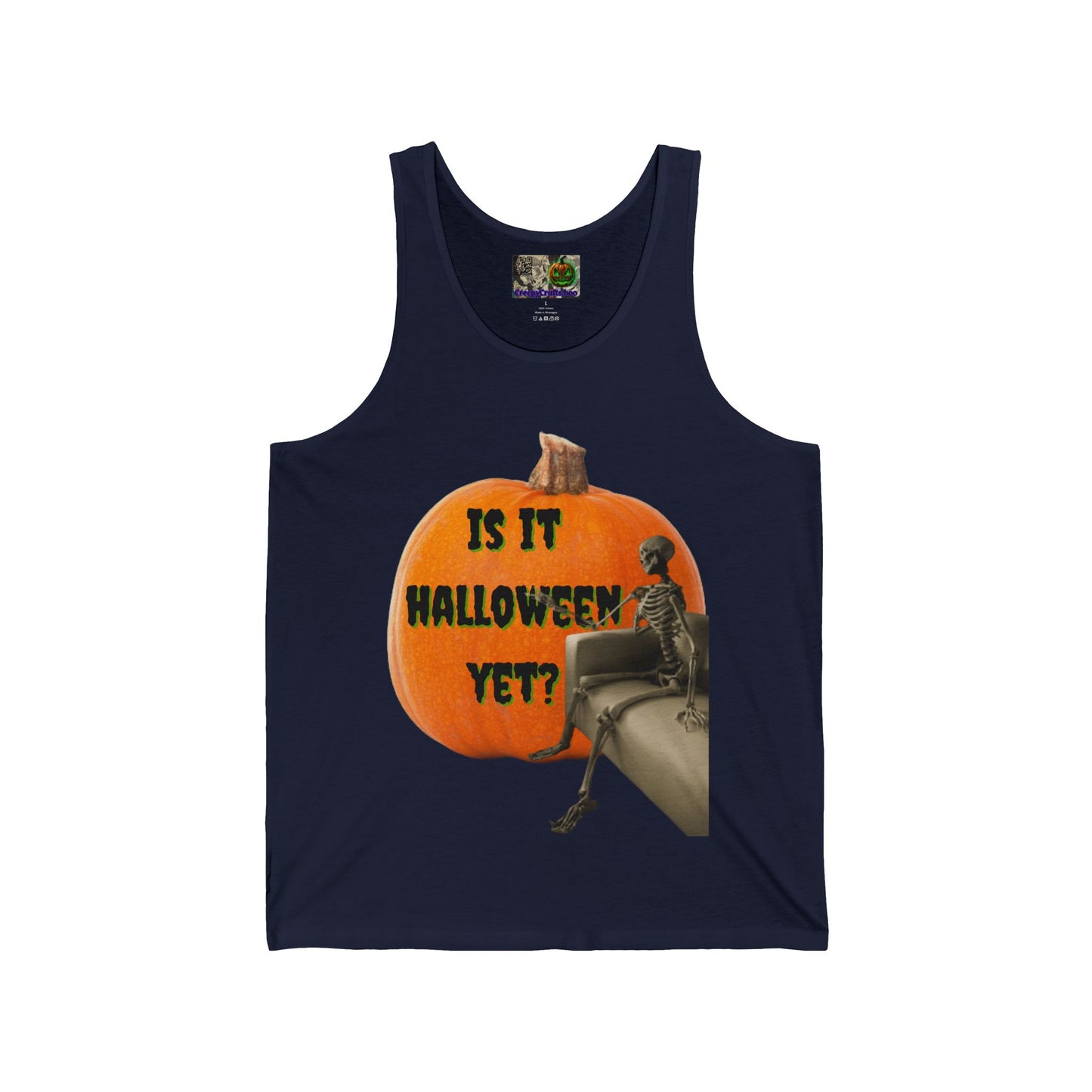 Is it Halloween yet? Skeleton's Giant Pumpkin Unisex Jersey Tank Top by CreepyCrafts.boo