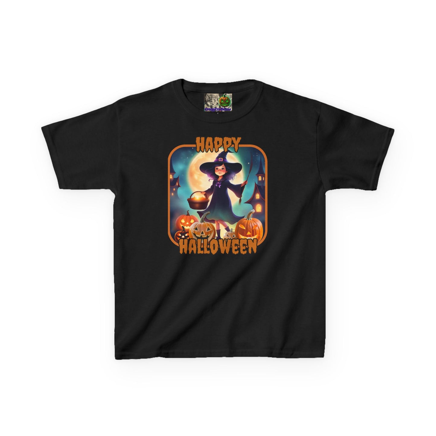 Happy Halloween Little Witch Orange font Kids Heavy Cotton™ Tee by CreepyCrafts.boo