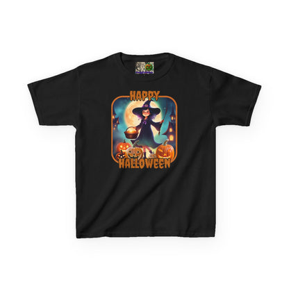 Happy Halloween Little Witch Orange font Kids Heavy Cotton™ Tee by CreepyCrafts.boo