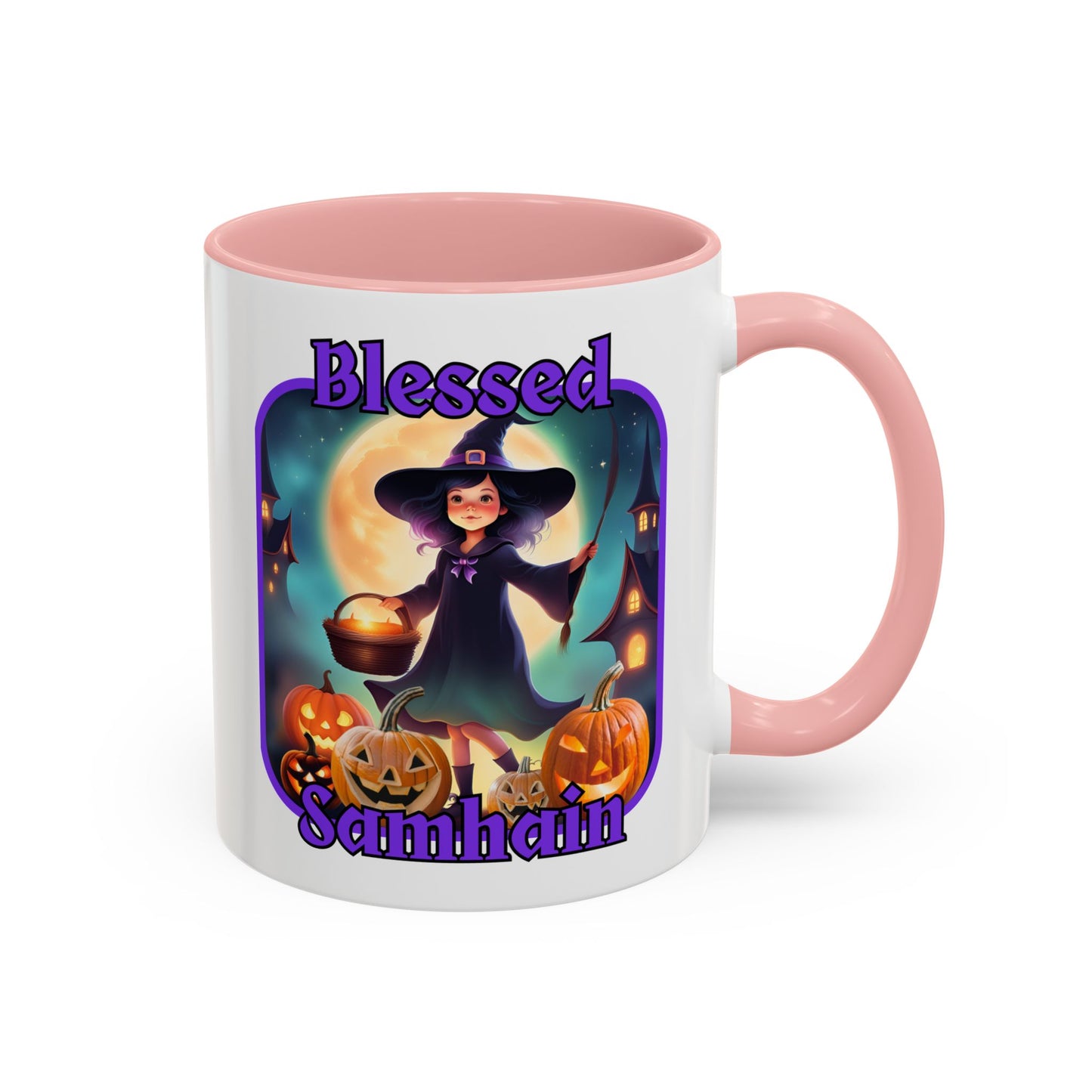 Blessed Samhain Little Witch Purple font White Accent Mug by CreepyCrafts.boo