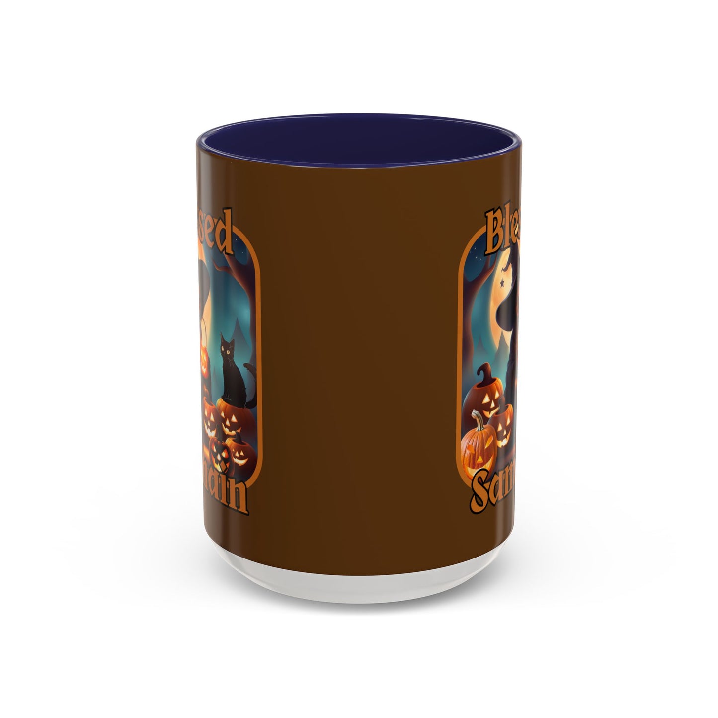 Blessed Samhain Cute Witch Orange font Brown Accent Mug by CreepyCrafts.boo