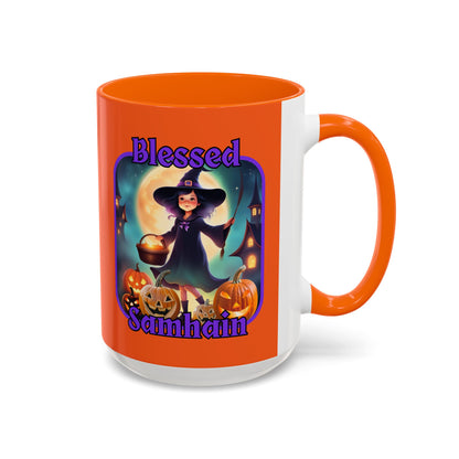 Blessed Samhain Little Witch Purple font Orange Accent Mug by CreepyCrafts.boo
