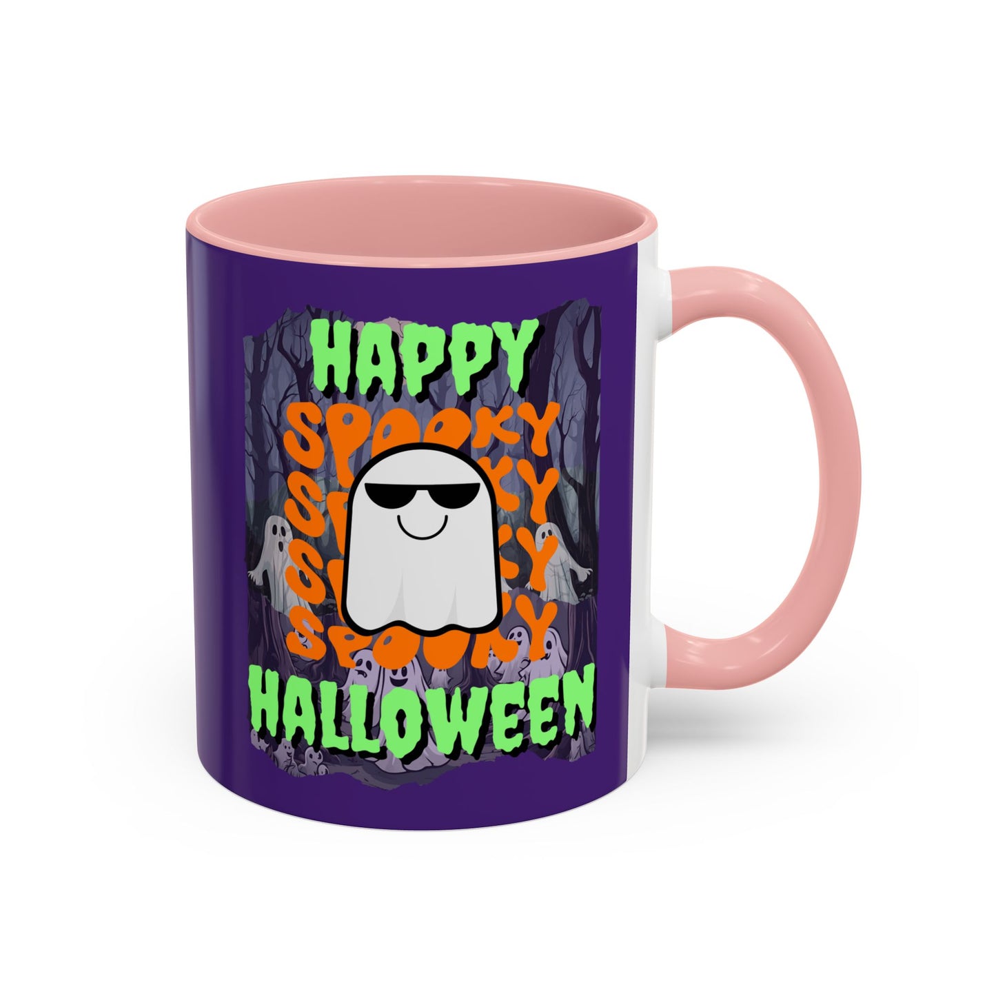 Spooky Happy Halloween Ghost Green font Purple Accent Mug by CreepyCrafts.boo