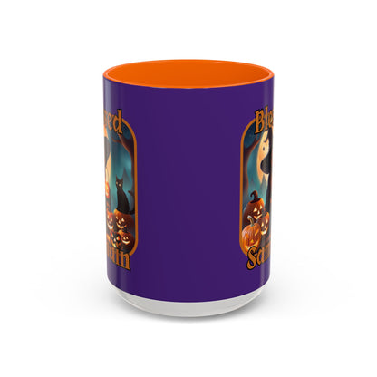 Blessed Samhain Cute Witch Orange font Purple Accent Mug by CreepyCrafts.boo