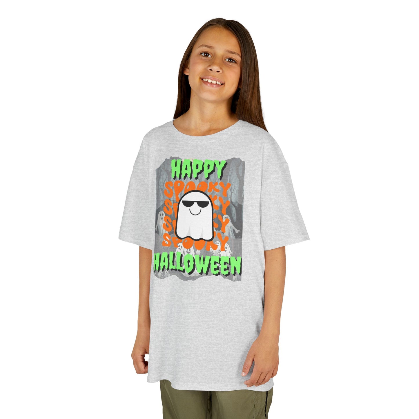 Spooky Happy Halloween Ghost Green font Kids Heavy Cotton™ Tee by CreepyCrafts.boo