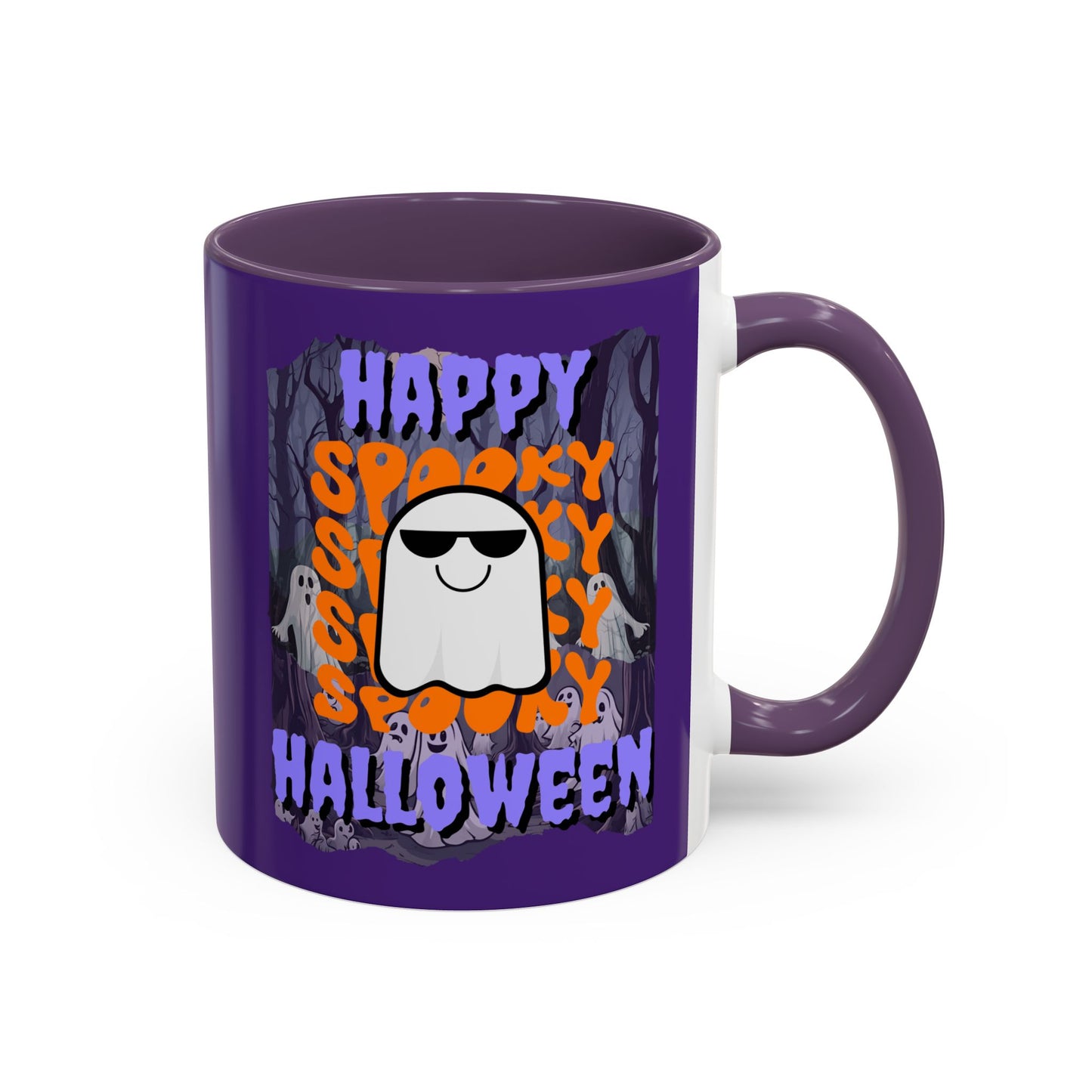 Spooky Happy Halloween Ghost Purple font Purple Accent Mug by CreepyCrafts.boo