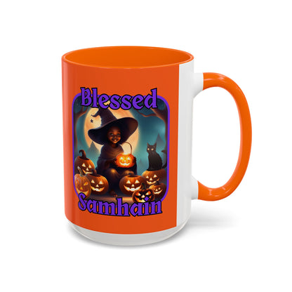 Blessed Samhain Cute Witch Purple font Orange Accent Mug by CreepyCrafts.boo