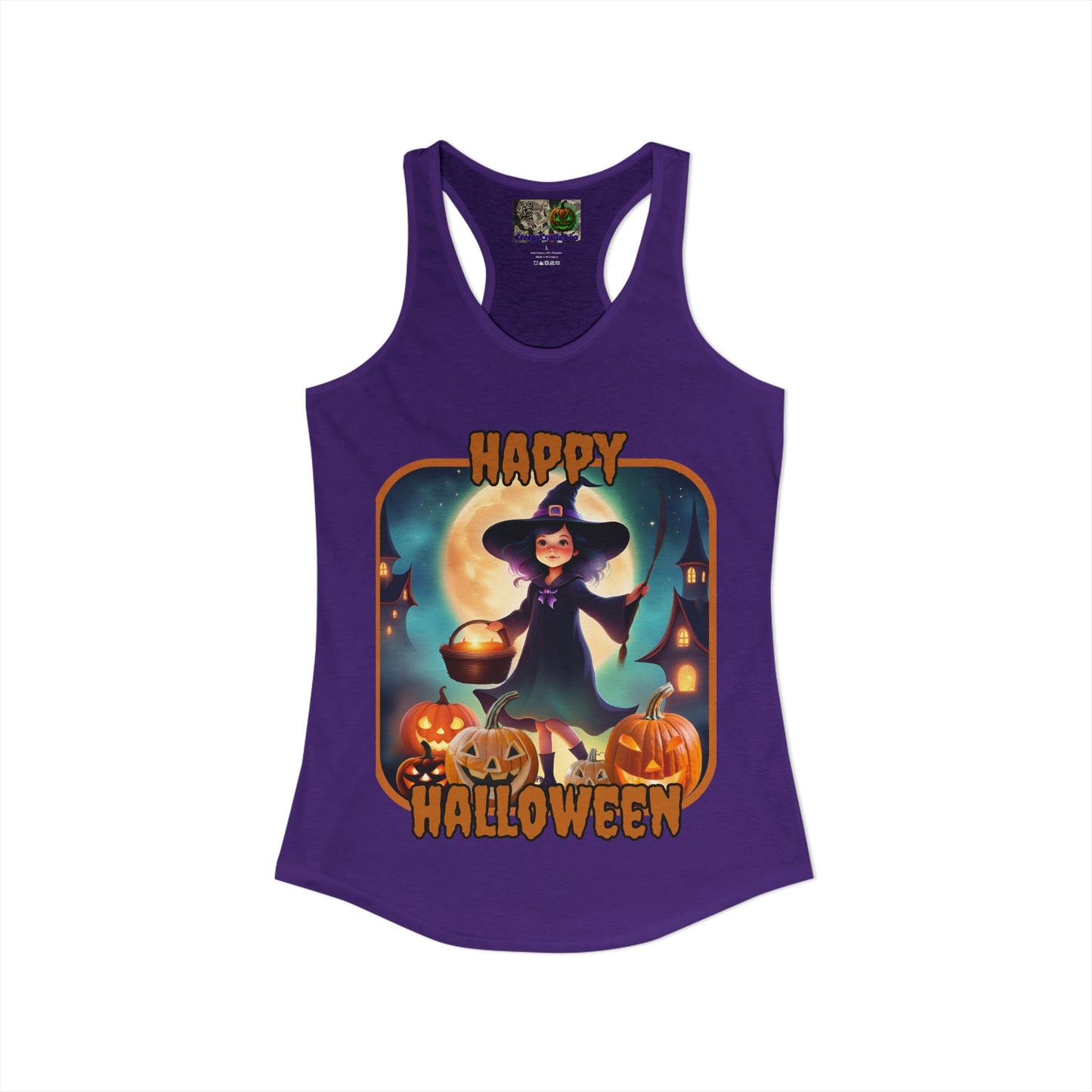 Happy Halloween Little Witch Orange font Women's Racerback Tank Top by CreepyCrafts.boo