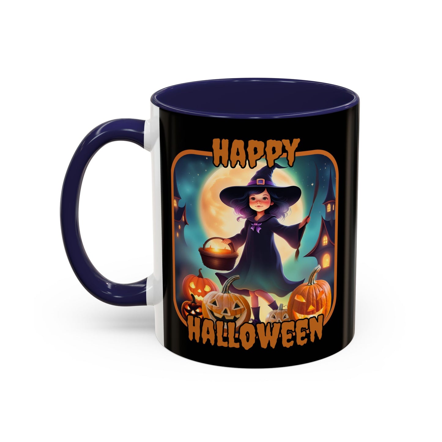Happy Halloween Little Witch Orange font Black Accent Mug by CreepyCrafts.boo