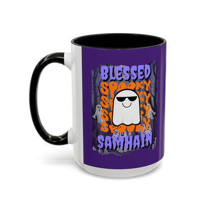 Spooky Blessed Samhain Ghost Purple font Accent Mug by CreepyCrafts.boo