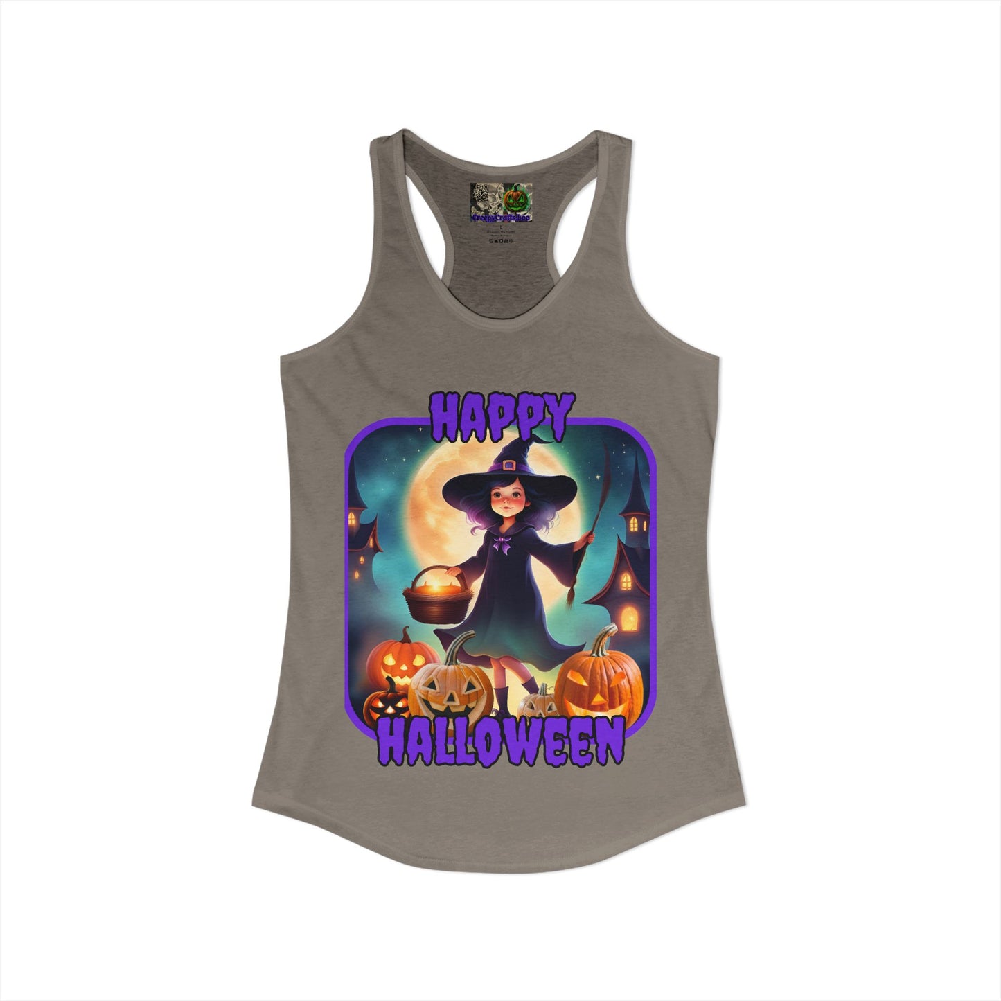 Happy Halloween Little Witch Purple font Women's Racerback Tank Top by CreepyCrafts.boo