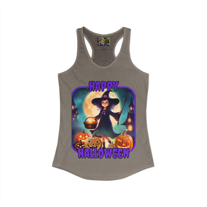 Happy Halloween Little Witch Purple font Women's Racerback Tank Top by CreepyCrafts.boo