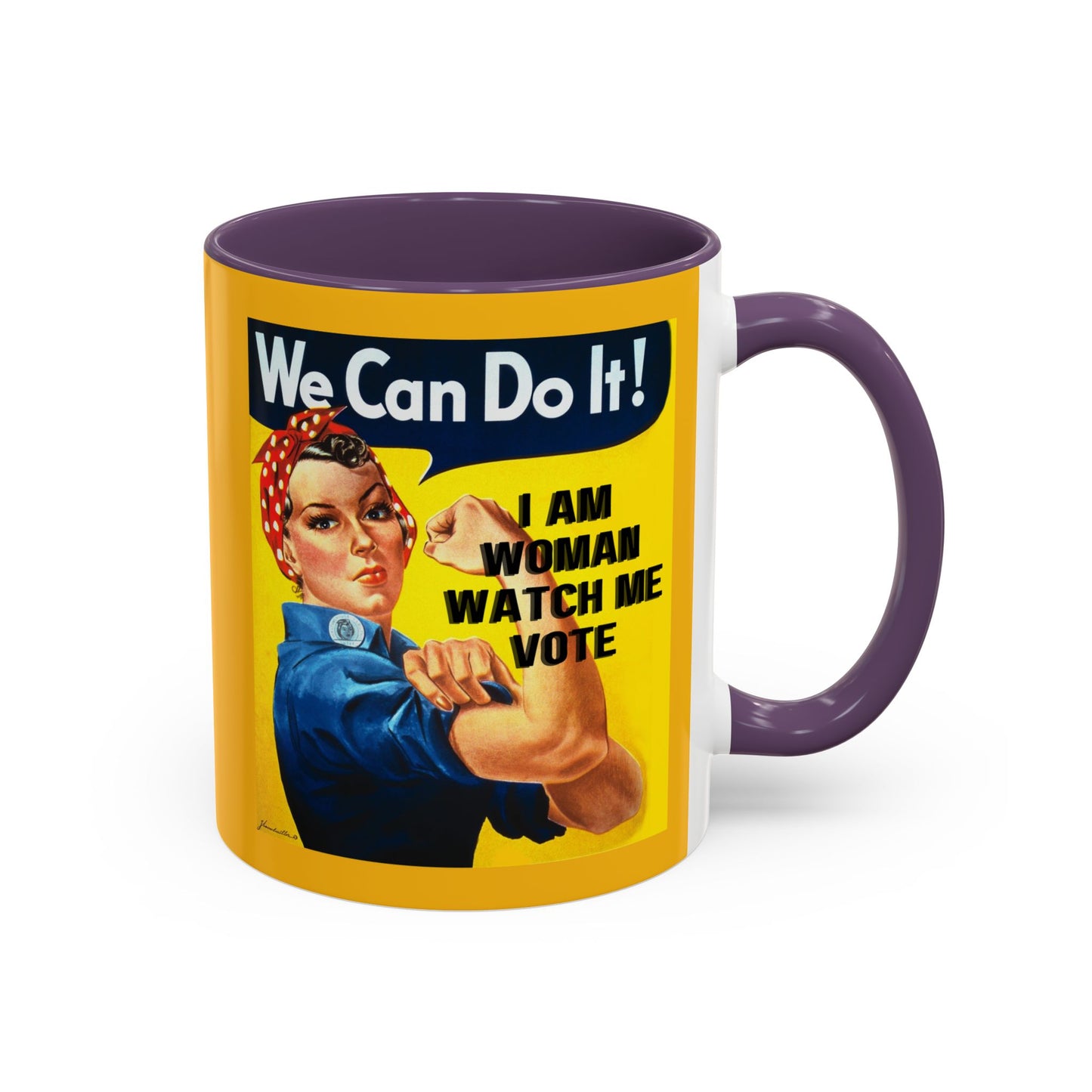 I Am Woman Watch Me Vote Rosie Yellow Accent Mug by cypherpunkgear.com