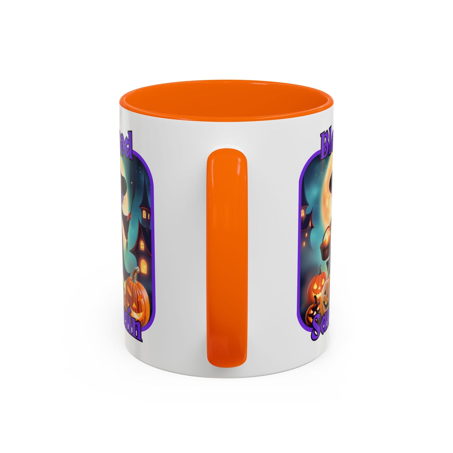 Blessed Samhain Little Witch Purple font White Accent Mug by CreepyCrafts.boo