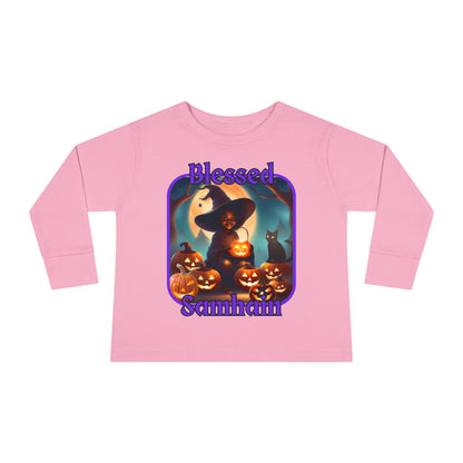 Blessed Samhain Cute Witch Purple font Toddler Long Sleeve Tee by CreepyCrafts.boo