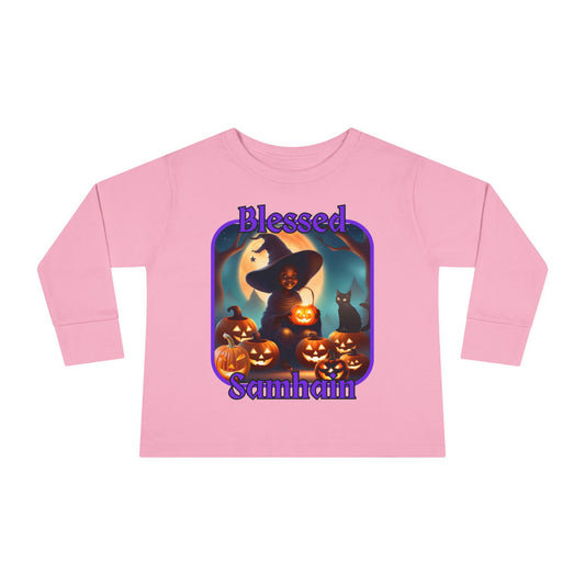 Blessed Samhain Cute Witch Purple font Toddler Long Sleeve Tee by CreepyCrafts.boo