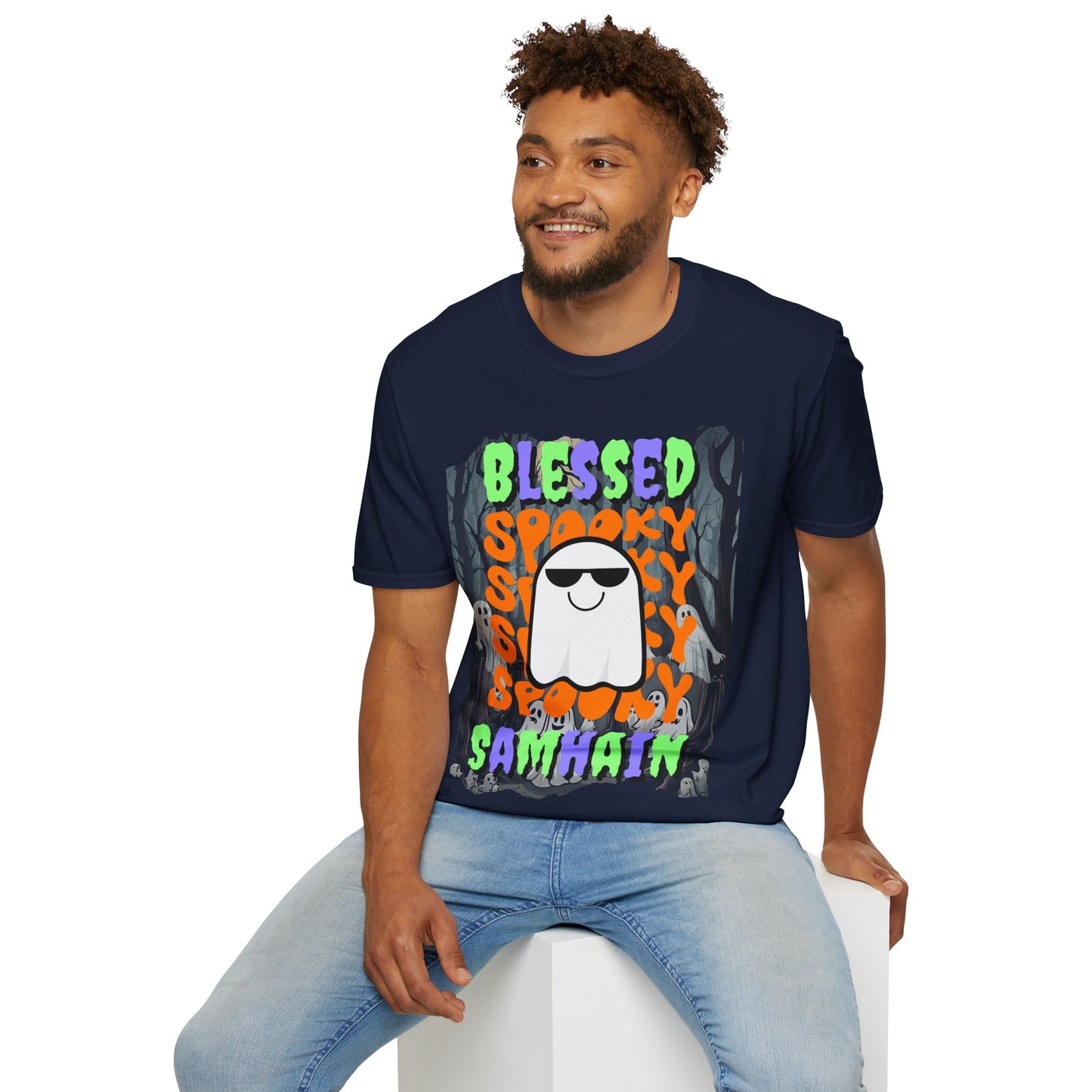 Spooky Blessed Samhain Ghost Mixed font Unisex T-Shirt by CreepyCrafts.boo