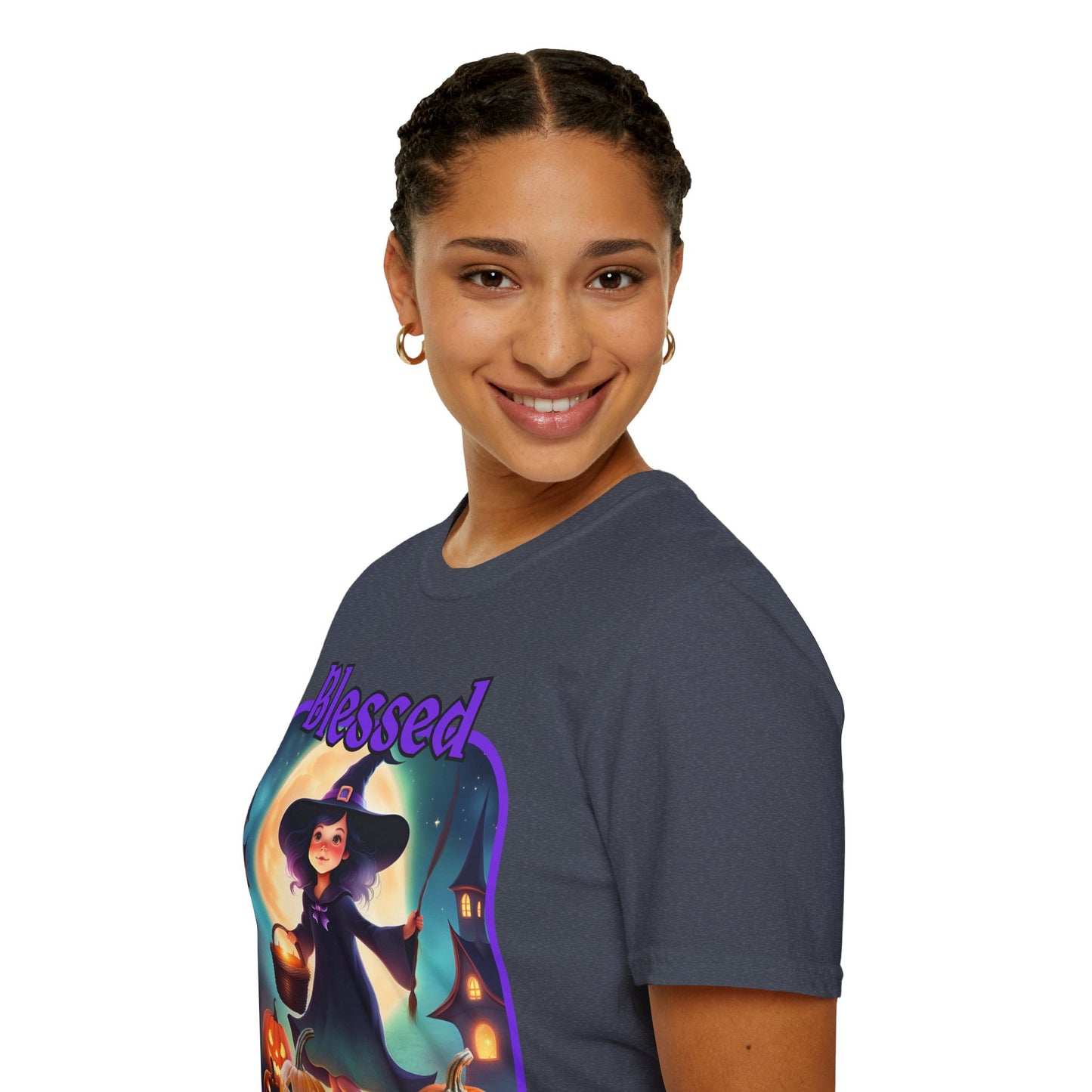 Blessed Samhain Little Witch Purple font Dark colors Unisex T-Shirt by CreepyCrafts.boo