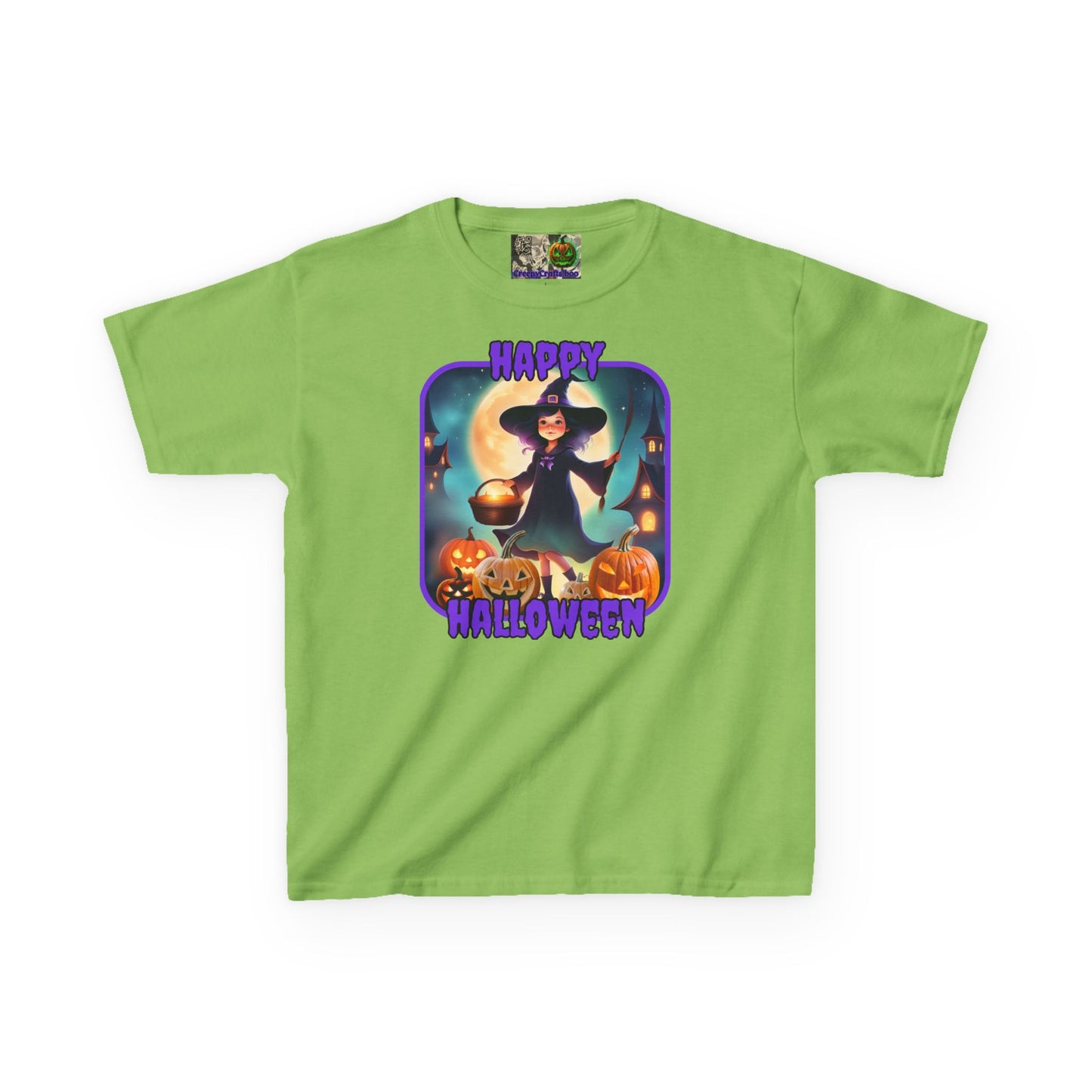 Happy Halloween Little Witch Purple font Kids Heavy Cotton™ Tee by CreepyCrafts.boo