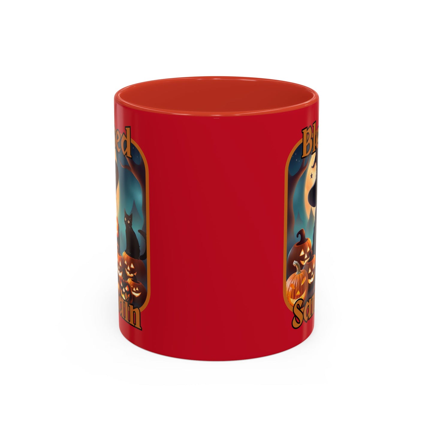 Blessed Samhain Cute Witch Orange font Red Accent Mug by CreepyCrafts.boo