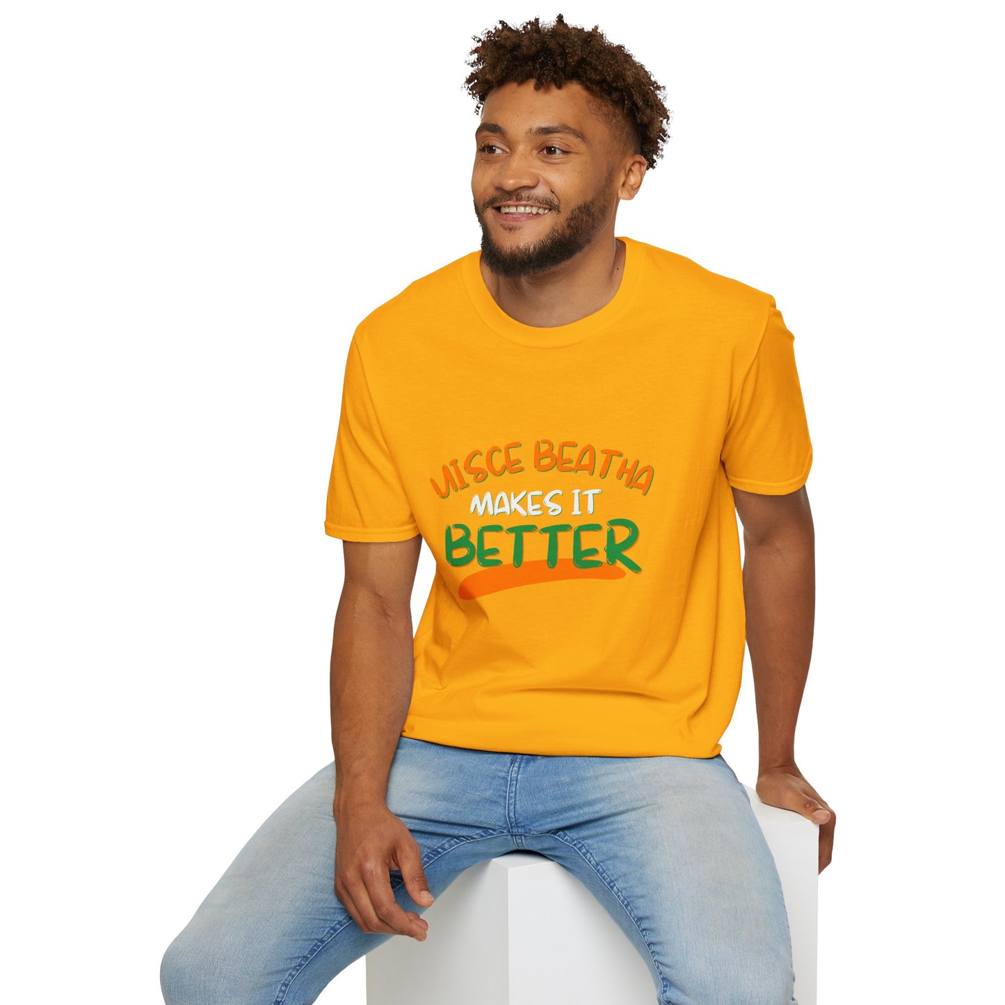 Uisce Beatha makes it better Orange, White, and Green font Light colors Unisex T-Shirt by cypherpunkgear.com