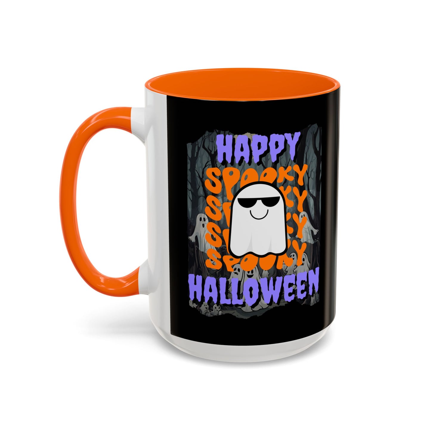 Spooky Happy Halloween Ghost Purple font Black Accent Mug by CreepyCrafts.boo